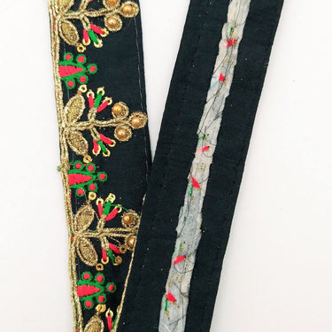 Black Art Silk Trim In Red And Gold Embroidery, Approx. 35mm wide, Decorative Trim